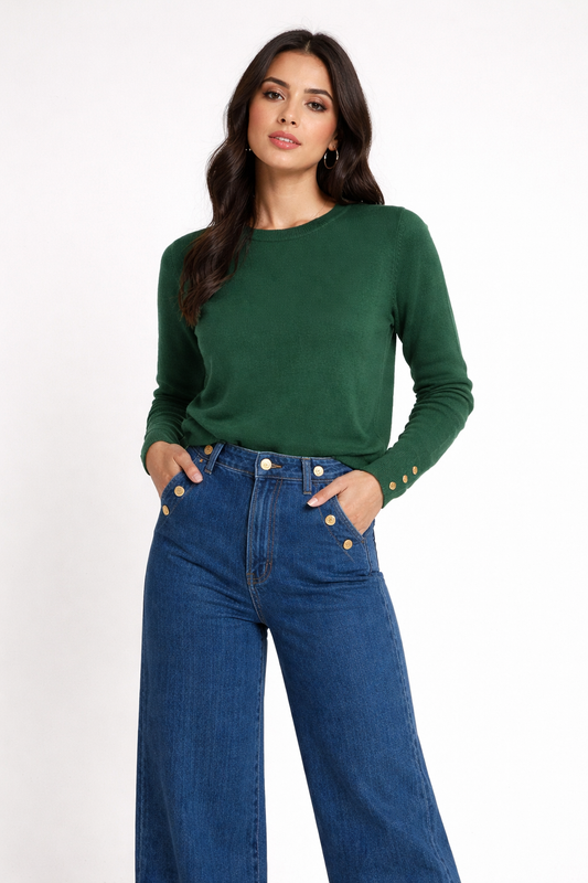 Jersey básico verde talla única detalle de botones en la muñeca